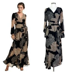 Ciebon | Haisley Velvet Burnout Wrap Long Sleeve Black Tan Boho Maxi Dress Small